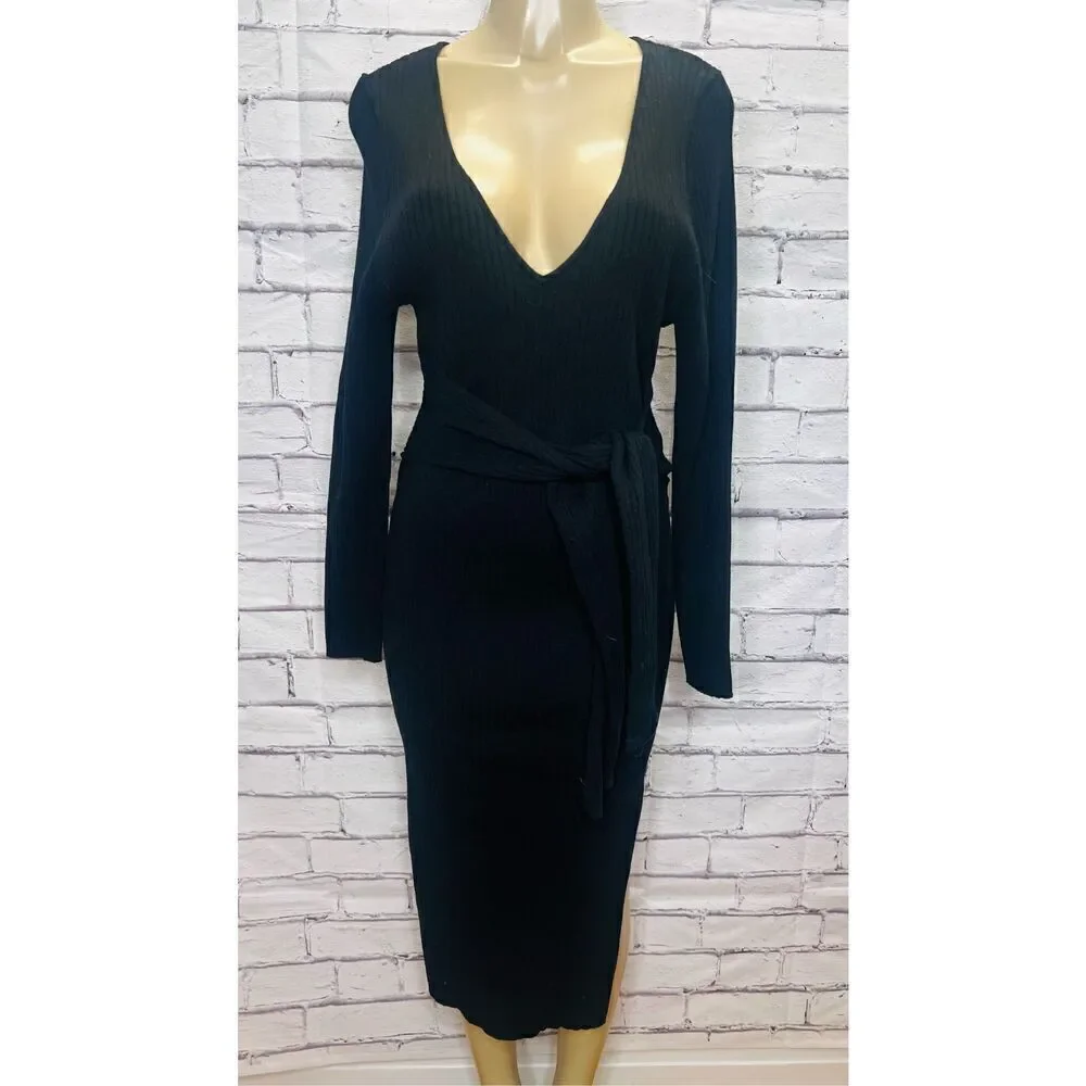 Good American Womens Black Ribbed Tie Waist Long Sleeve Sweater Dress Sz 4 NWOT